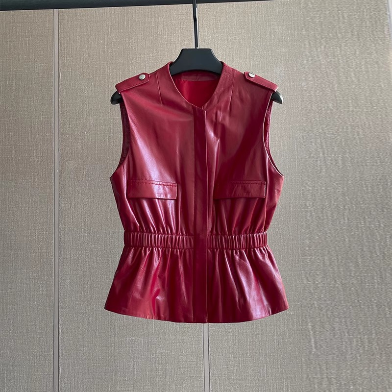 Gilet en cuir véritable rouge  - Women'S Fashion Leather Jacket avis et prix